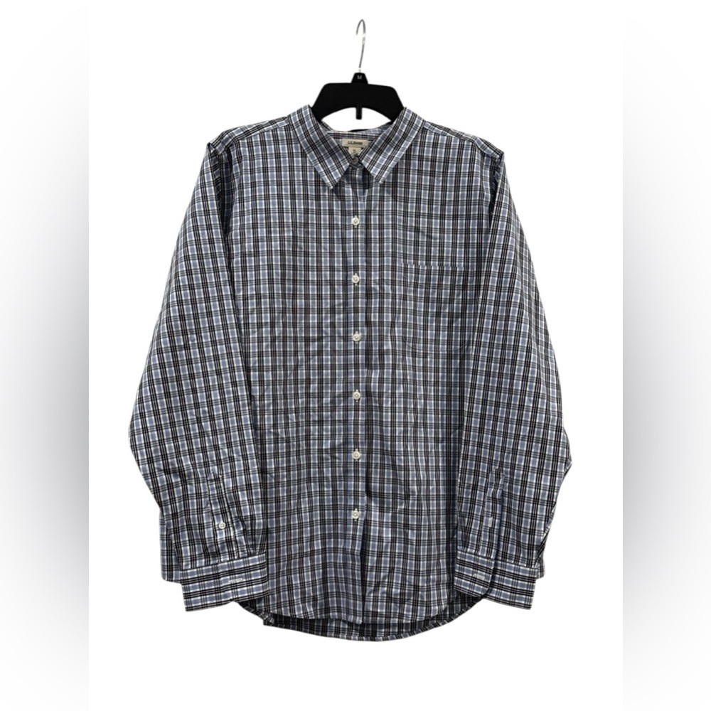 Men’s LL Bean Blue Plaid Long Sleeve Wrinkle Free Collar Shirt: XL